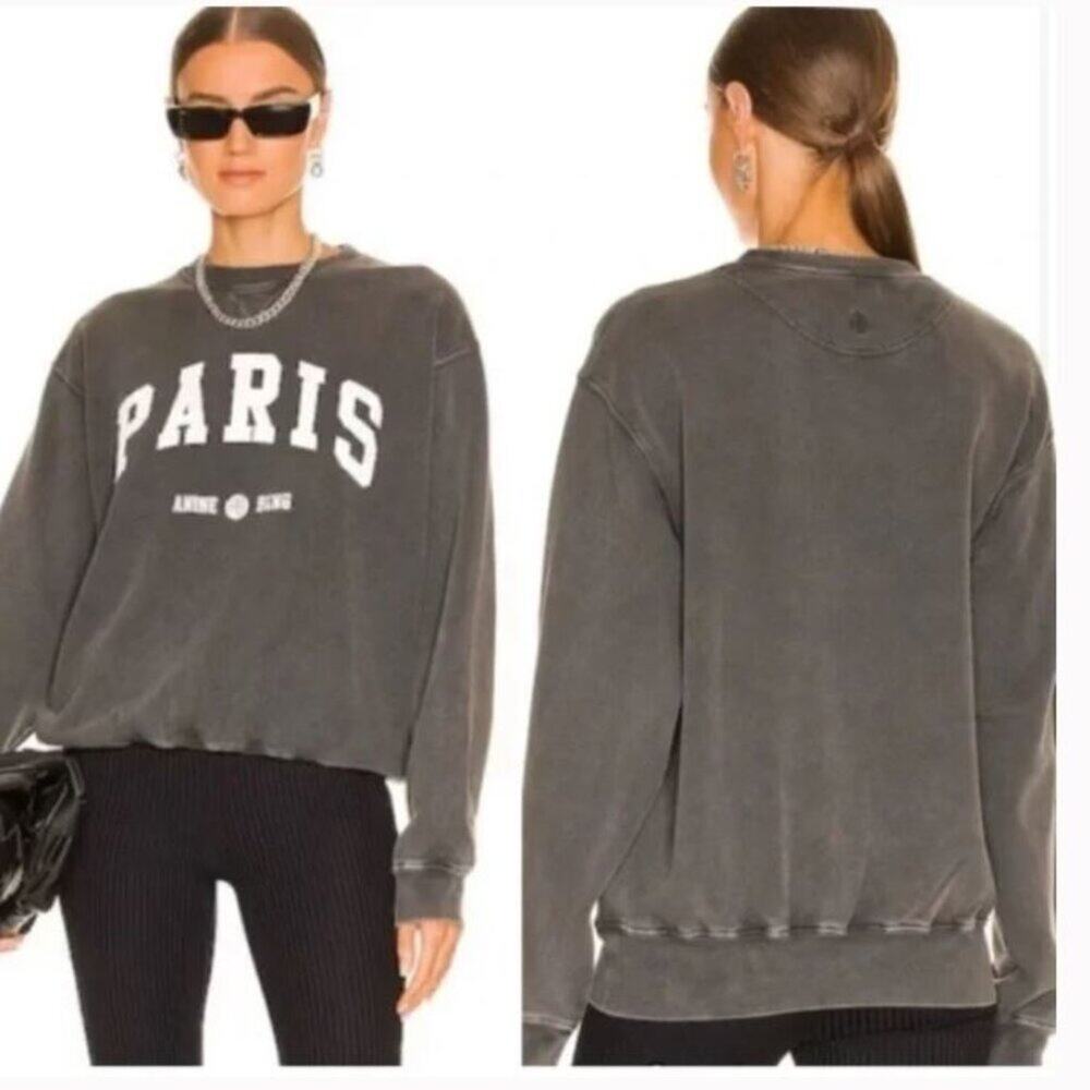 ANINE BING Ramona Paris University Sweatshirt Washed Faded Black Grey XS